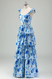 Blue Corset Tiered Long Prom Dress with Slit