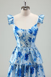 Blue Corset Tiered Long Prom Dress with Slit