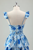 Blue Corset Tiered Long Prom Dress with Slit