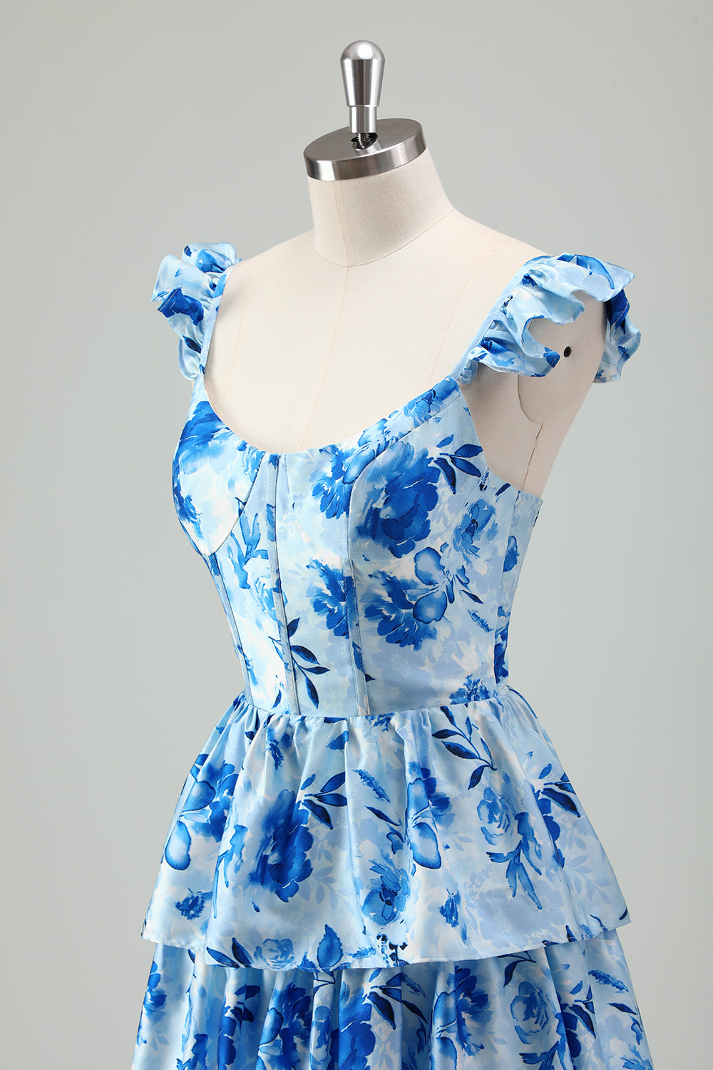 Blue Corset Tiered Long Prom Dress with Slit