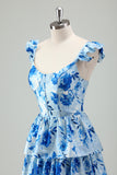 Blue Corset Tiered Long Prom Dress with Slit