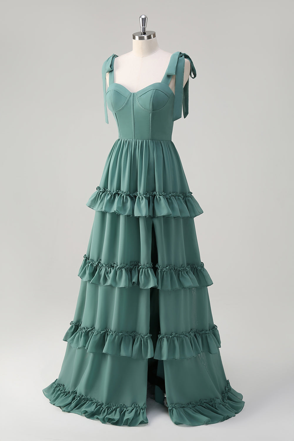 Eucalyptus Tie-Strap Tiered Corset Long Prom Dress with Slit
