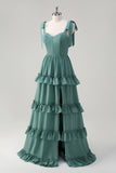 Eucalyptus Tie-Strap Tiered Corset Long Prom Dress with Slit