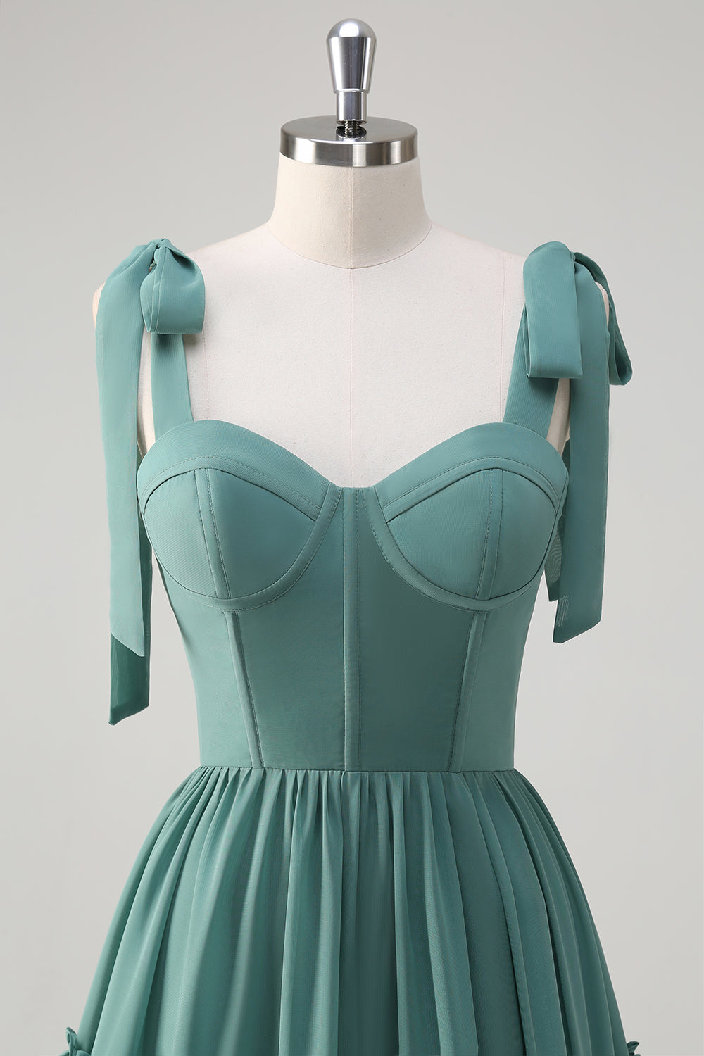 Eucalyptus Tie-Strap Tiered Corset Long Prom Dress with Slit