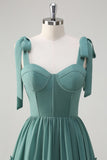Eucalyptus Tie-Strap Tiered Corset Long Prom Dress with Slit