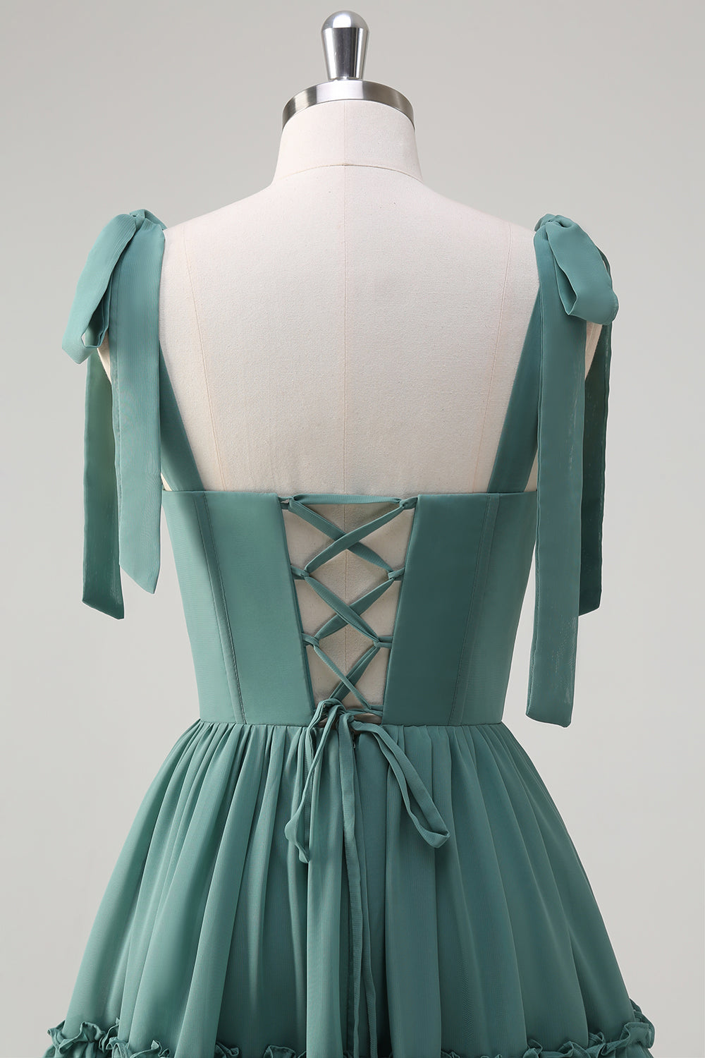 Eucalyptus Tie-Strap Tiered Corset Long Prom Dress with Slit