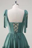 Eucalyptus Tie-Strap Tiered Corset Long Prom Dress with Slit