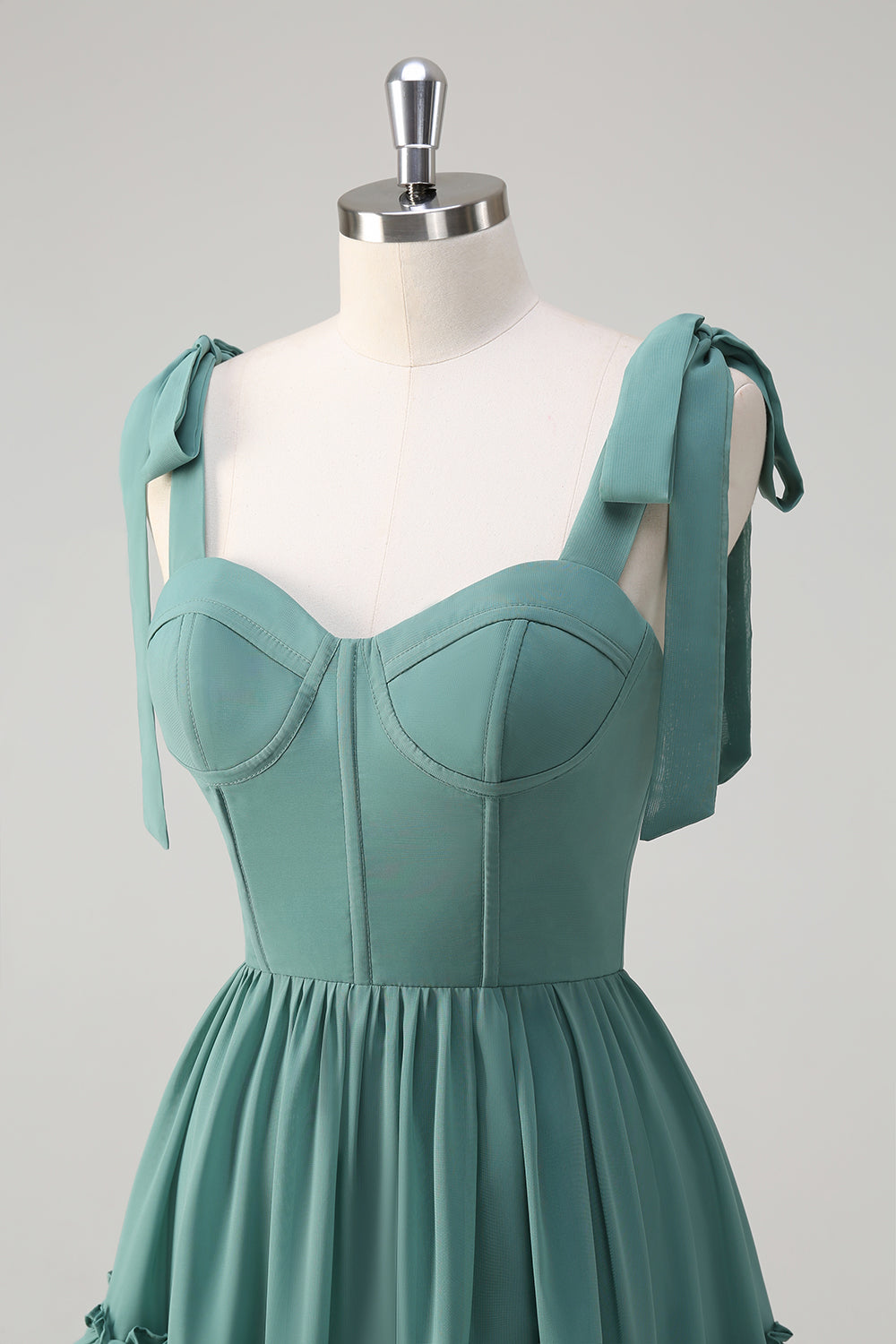 Eucalyptus Tie-Strap Tiered Corset Long Prom Dress with Slit