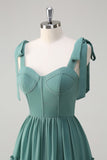 Eucalyptus Tie-Strap Tiered Corset Long Prom Dress with Slit
