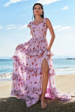 Grey Purple Floral Tie-Strap Tiered Bridesmaid Dress with Slit