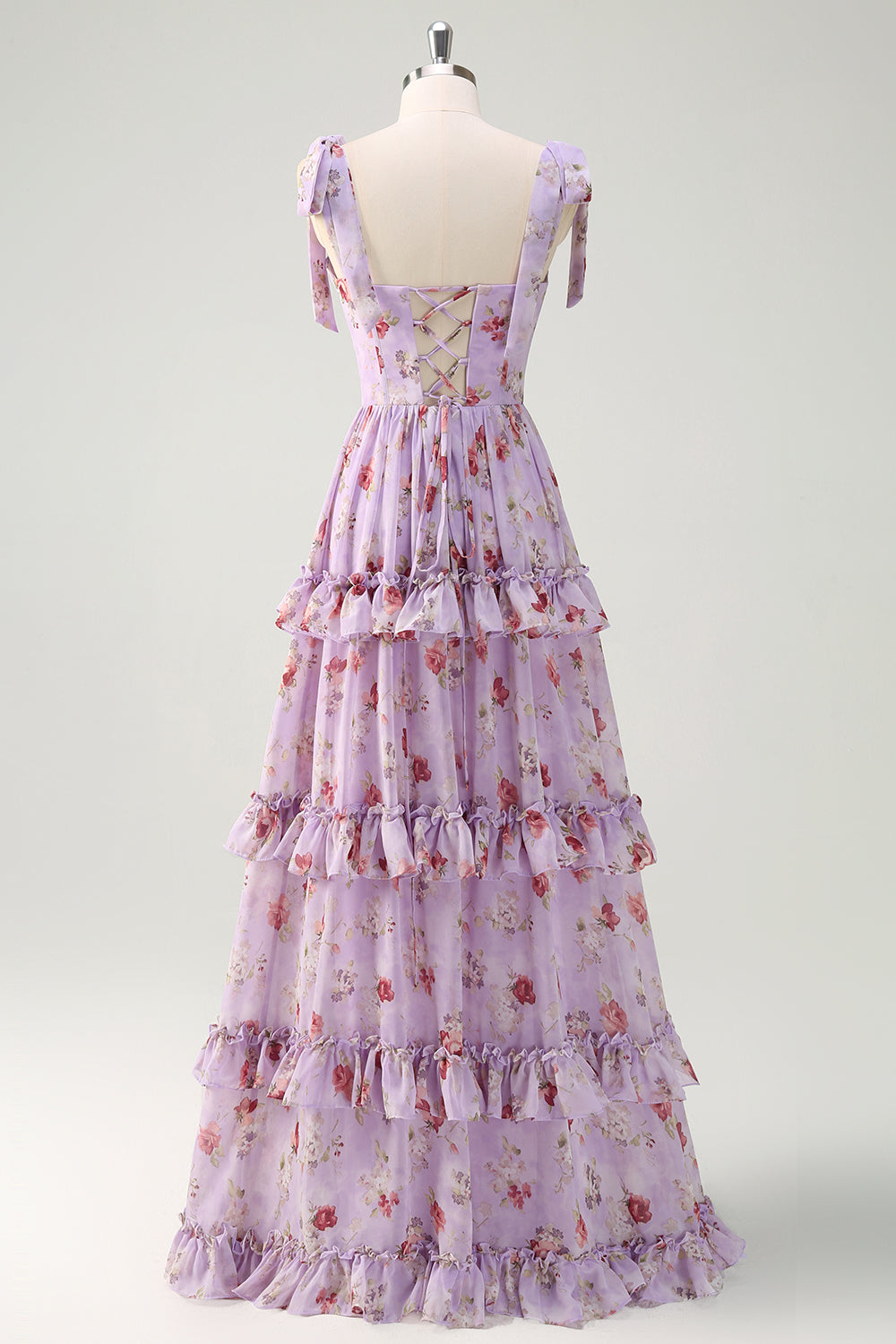 Grey Purple Floral Tie-Strap Tiered Bridesmaid Dress with Slit