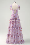 Grey Purple Floral Tie-Strap Tiered Bridesmaid Dress with Slit