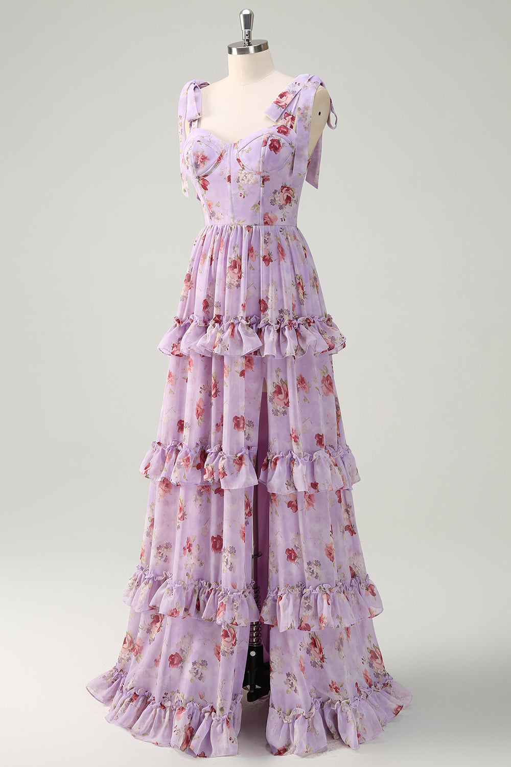 Grey Purple Floral Tie-Strap Tiered Bridesmaid Dress with Slit