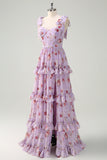 Grey Purple Floral Tie-Strap Tiered Bridesmaid Dress with Slit