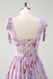 Grey Purple Floral Tie-Strap Tiered Bridesmaid Dress with Slit