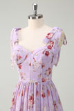 Grey Purple Floral Tie-Strap Tiered Bridesmaid Dress with Slit