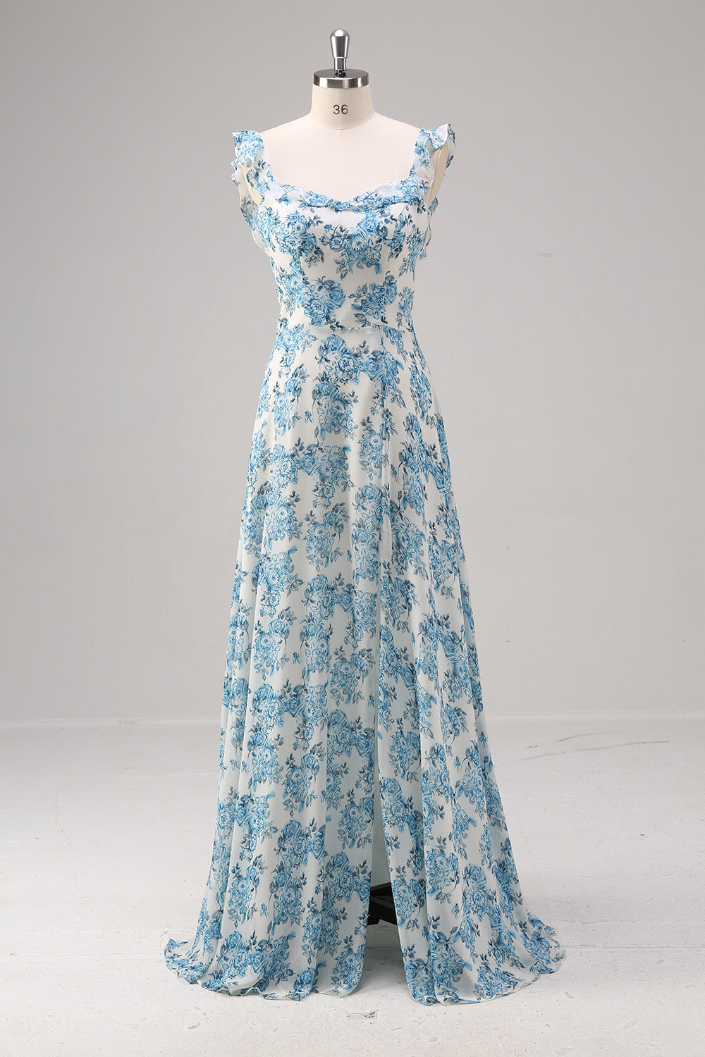 Zapaka Women White Blue Flower Bridesmaid Dress A Line Square Neck Long Wedding Party Dress with Slit Zapaka Women White Blue Flower Bridesmaid Dress A Line Square Neck Long Wedding Party Dress with Slit