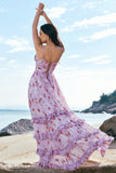 Grey Purple A Line Floral Corset Long Bridesmaid Dress