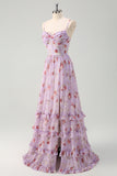 Grey Purple A Line Floral Corset Long Bridesmaid Dress