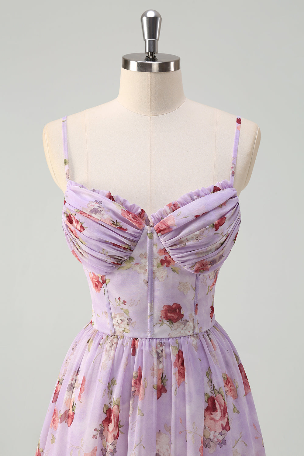 Grey Purple A Line Floral Corset Long Bridesmaid Dress