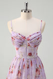 Grey Purple A Line Floral Corset Long Bridesmaid Dress