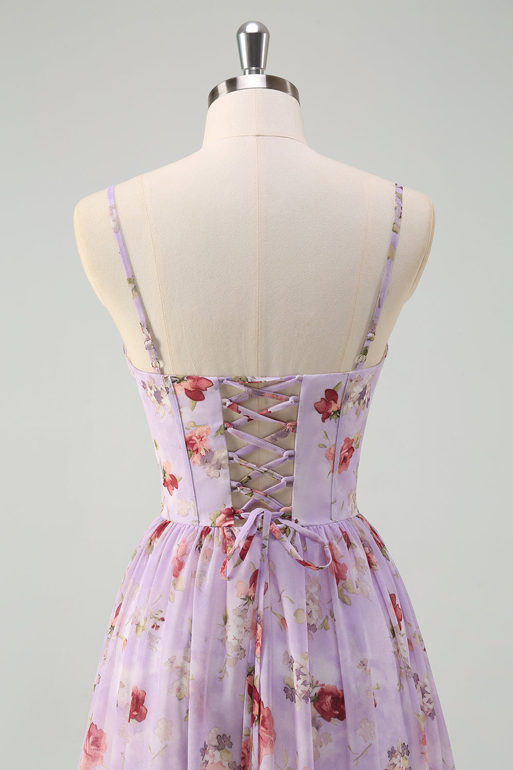 Grey Purple A Line Floral Corset Long Bridesmaid Dress