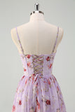 Grey Purple A Line Floral Corset Long Bridesmaid Dress