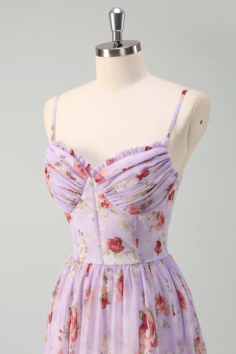 Grey Purple A Line Floral Corset Long Bridesmaid Dress