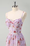 Grey Purple A Line Floral Corset Long Bridesmaid Dress