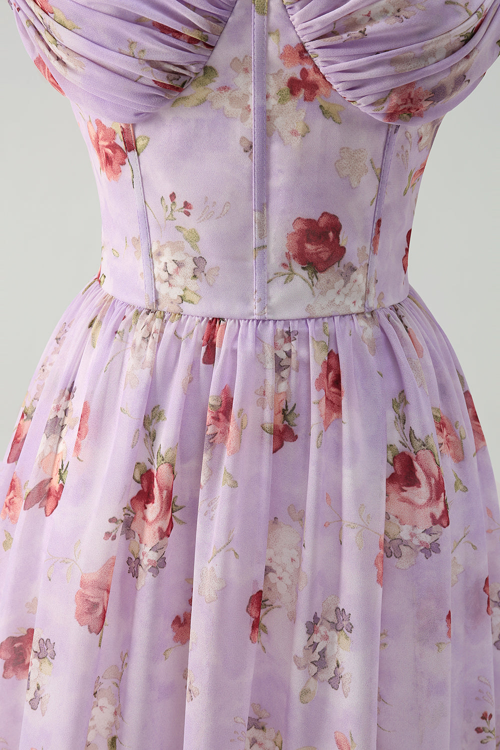 Grey Purple A Line Floral Corset Long Bridesmaid Dress