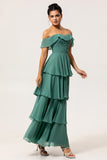 Eucalyptus Off The Shoulder Pleated Long Tiered Bridesmaid Dress