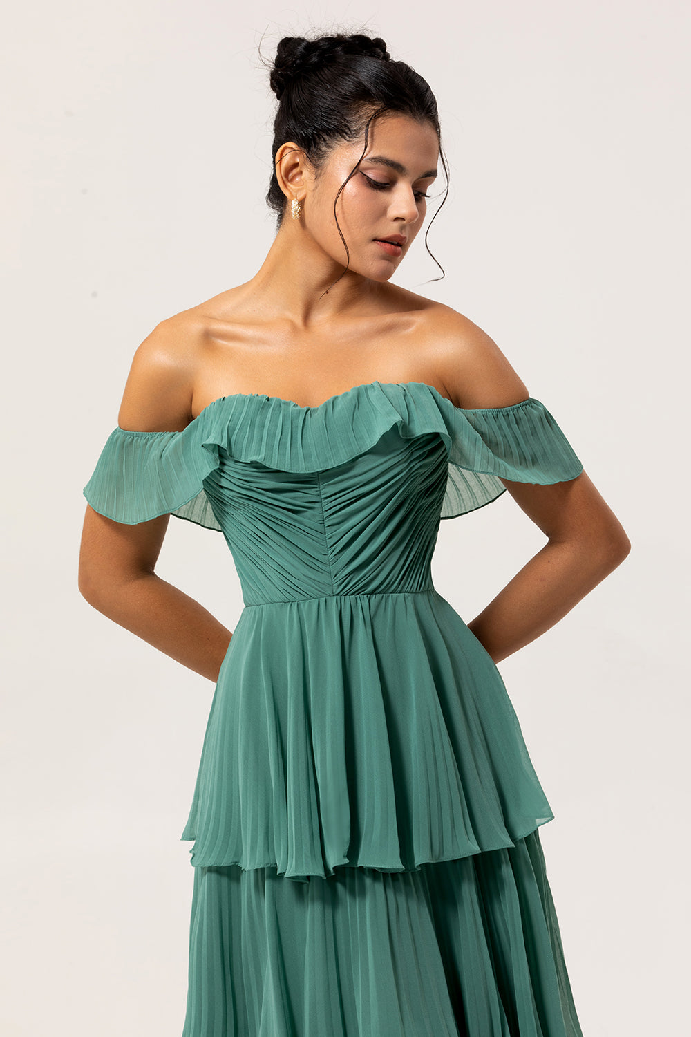 Eucalyptus Off The Shoulder Pleated Long Tiered Bridesmaid Dress