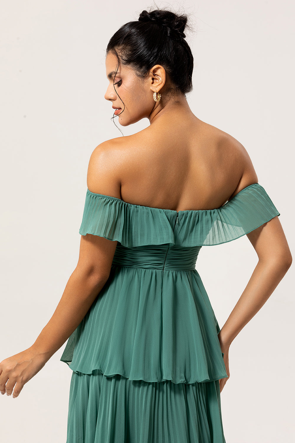 Eucalyptus Off The Shoulder Pleated Long Tiered Bridesmaid Dress