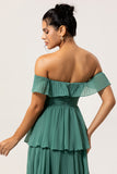 Eucalyptus Off The Shoulder Pleated Long Tiered Bridesmaid Dress