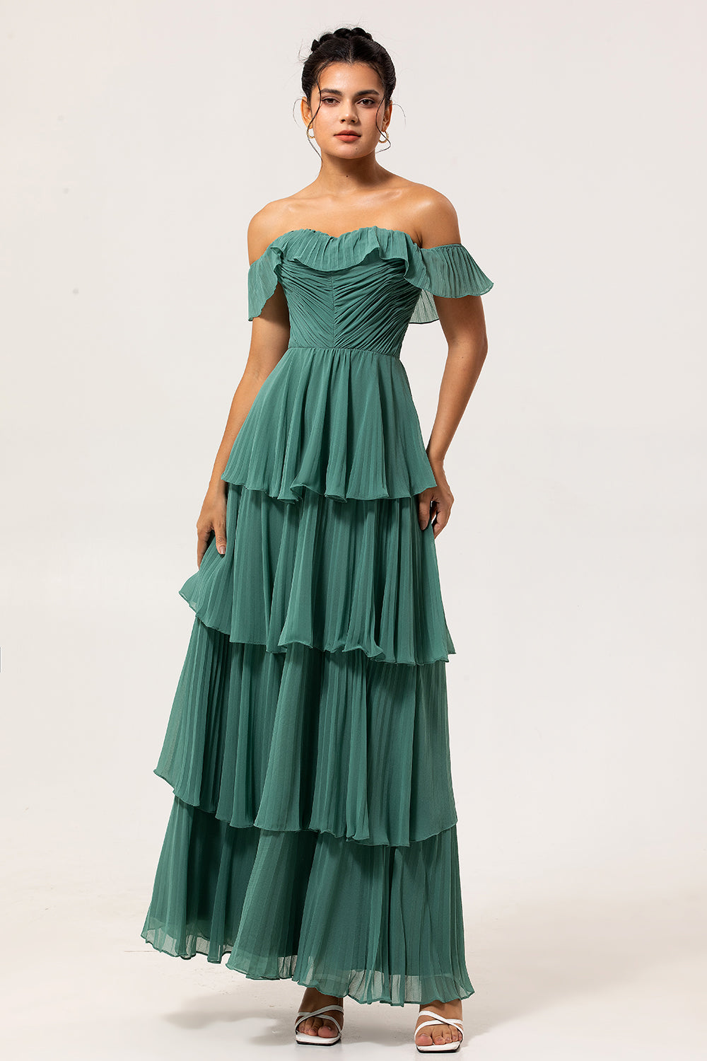 Eucalyptus Off The Shoulder Pleated Long Tiered Bridesmaid Dress