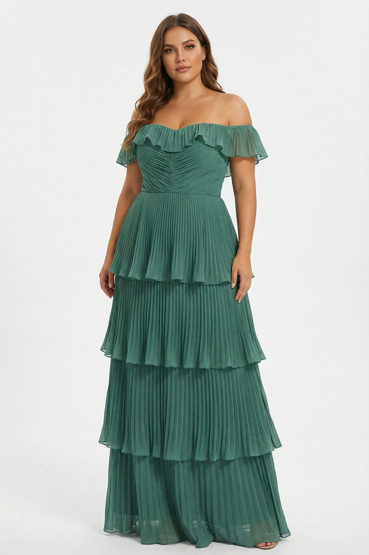 Plus Size Eucalyptus Pleated Off The Shoulder Tiered Long Bridesmaid Dress