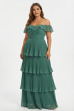 Eucalyptus Pleated Tiered Off The Shoulder Long Bridesmaid Dress