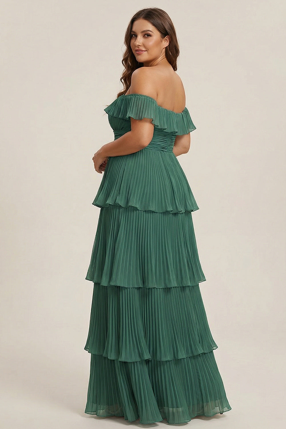 Eucalyptus Pleated Tiered Off The Shoulder Long Bridesmaid Dress