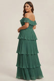 Eucalyptus Pleated Tiered Off The Shoulder Long Bridesmaid Dress