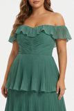 Plus Size Eucalyptus Pleated Off The Shoulder Tiered Long Bridesmaid Dress