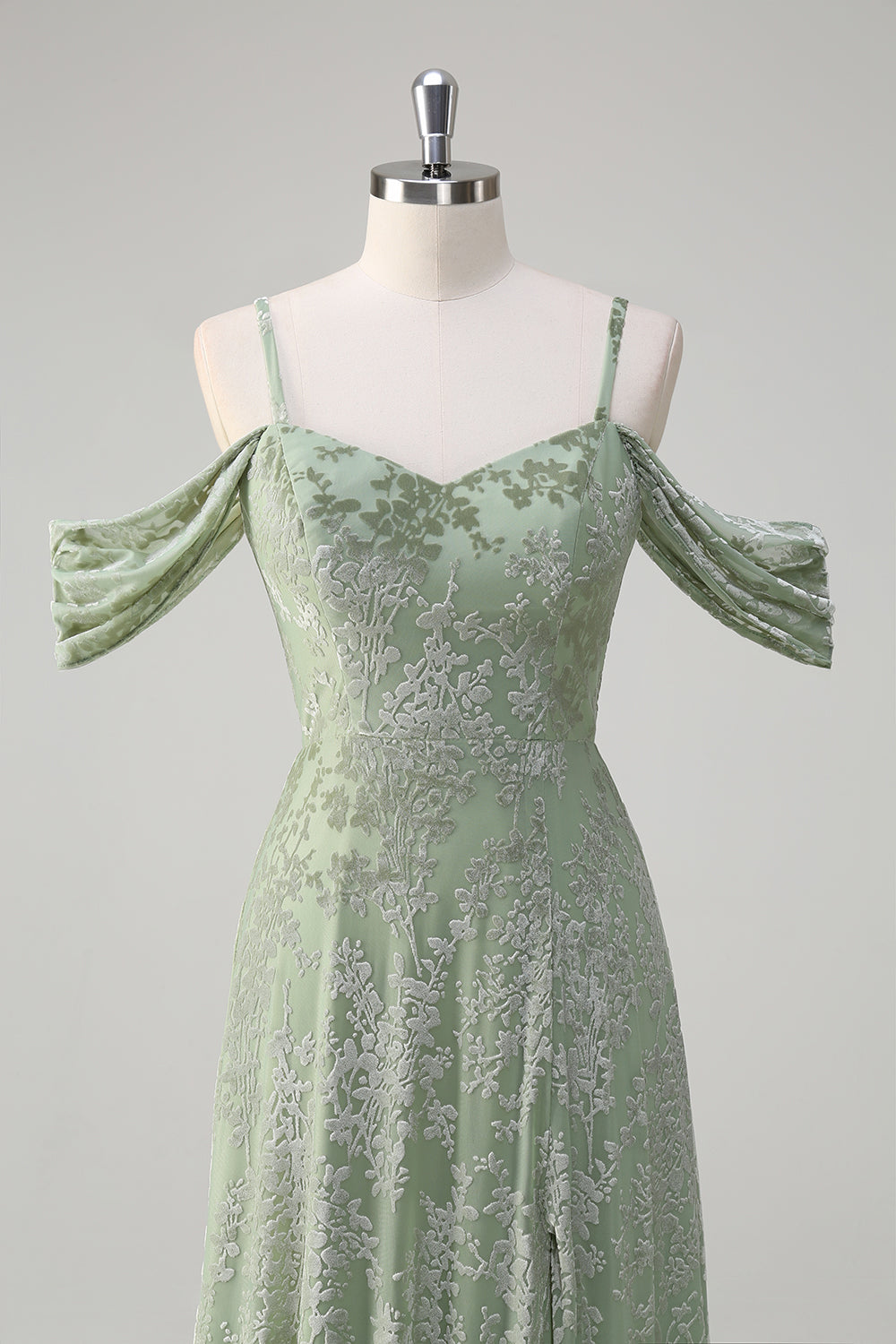 Dusty Sage Floral Embroidered Off The Shoulder Long Bridesmaid Dress with Slit
