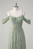 Dusty Sage Floral Embroidered Off The Shoulder Long Bridesmaid Dress with Slit