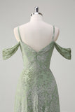 Dusty Sage Floral Embroidered Off The Shoulder Long Bridesmaid Dress with Slit