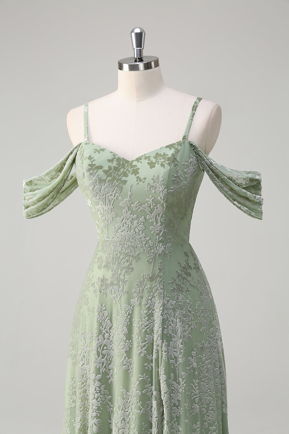 Dusty Sage Floral Embroidered Off The Shoulder Long Bridesmaid Dress with Slit