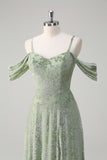 Dusty Sage Floral Embroidered Off The Shoulder Long Bridesmaid Dress with Slit
