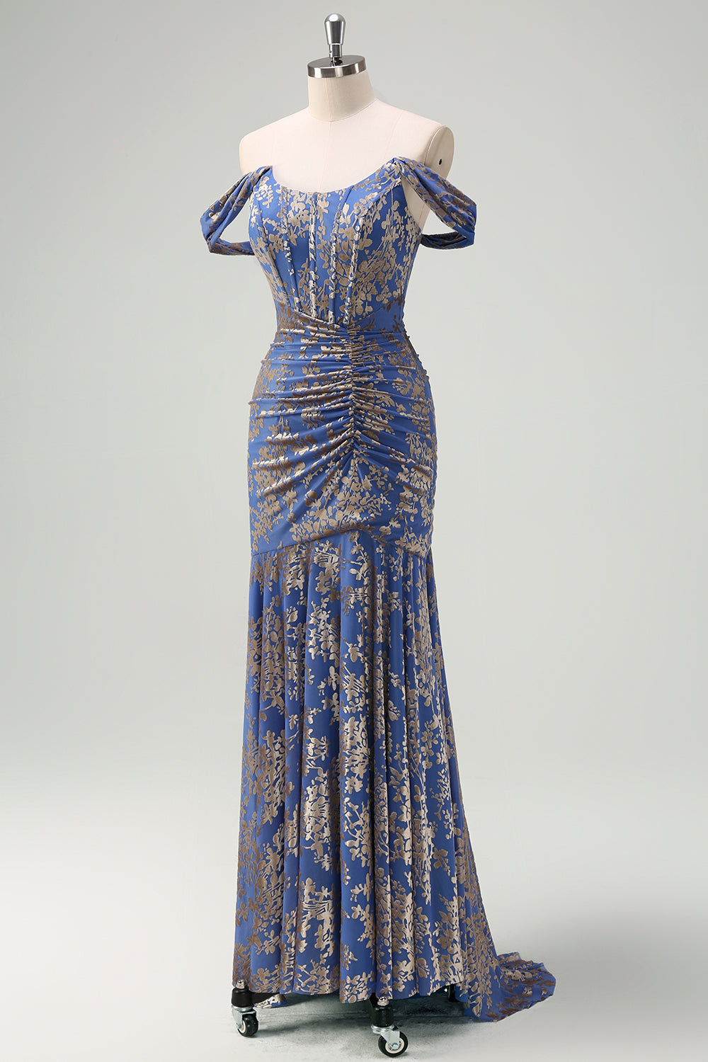 Grey Blue Off The Shoulder Sheath Corset Floral Long Prom Dress