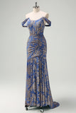 Grey Blue Off The Shoulder Sheath Corset Floral Long Prom Dress