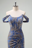 Grey Blue Off The Shoulder Sheath Corset Floral Long Prom Dress
