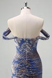 Grey Blue Off The Shoulder Sheath Corset Floral Long Prom Dress