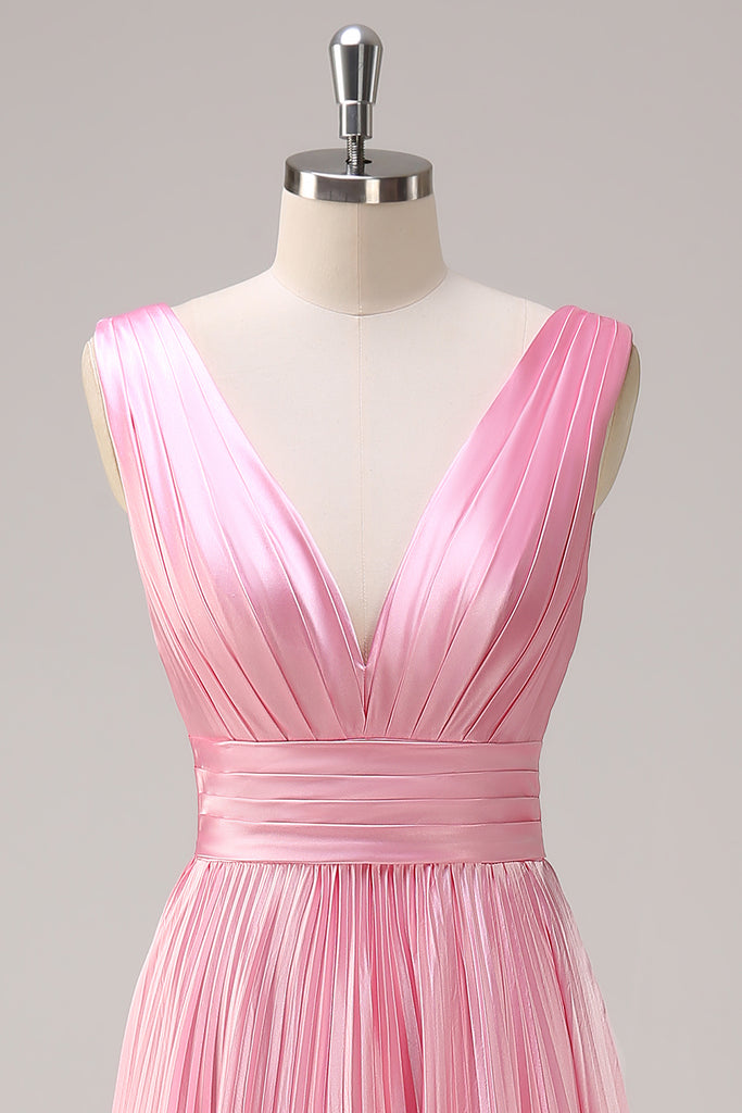 Zapakasa Women Pink A-Line Pleated Bridesmaid Dress V-Neck Satin